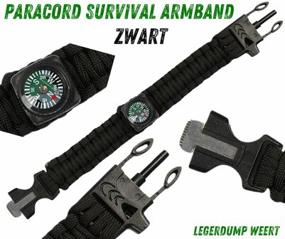 PARACORD ARMBAND ZWART fire starter + fluitje