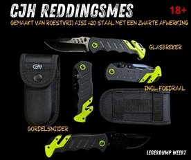 CJH Reddingsmes 440A Staal – Zwart/Geel met Gordelsnijder & Glasbreker foedraal
